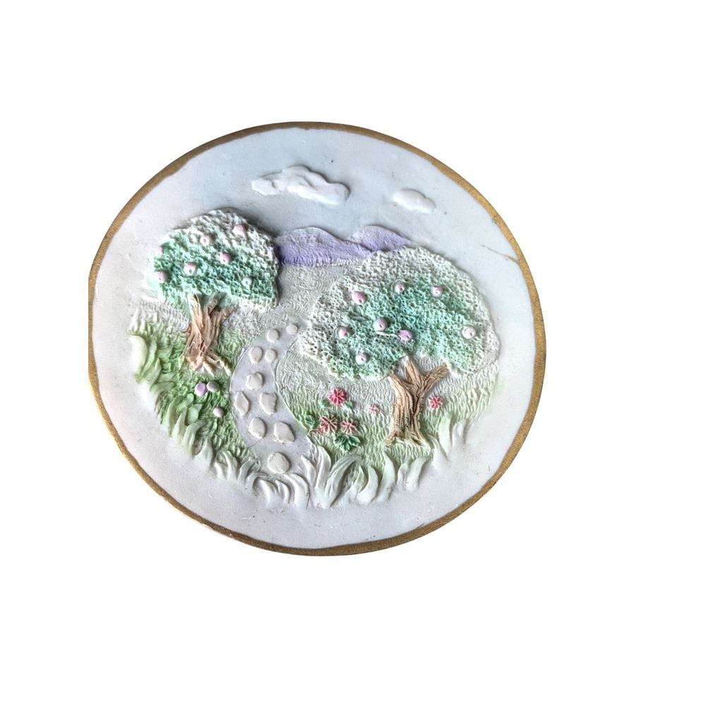 Vintage 3D Relief Decorative Plate Landscape‎ Apple Tree Orchard Gold Rim Path